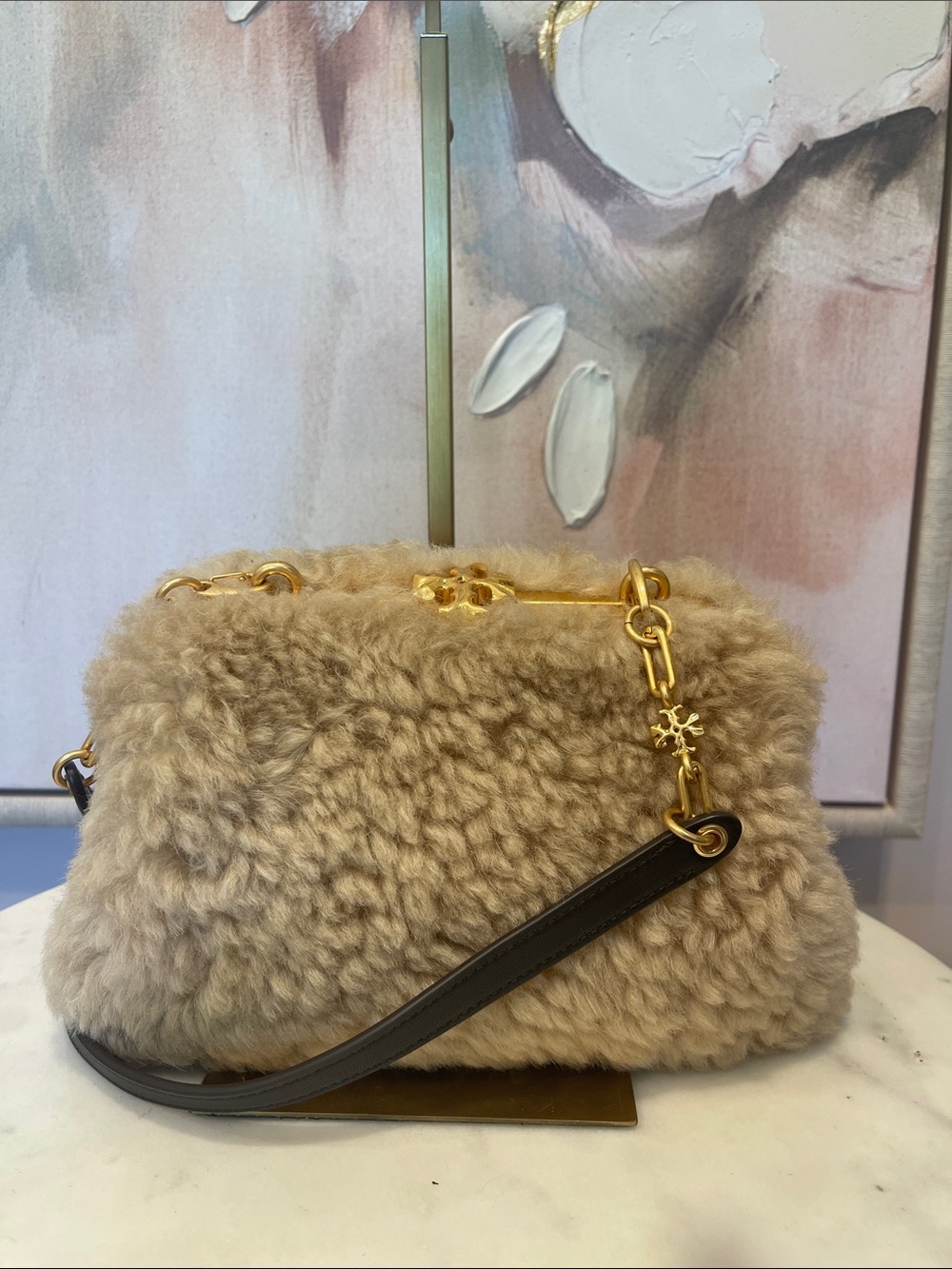 Rare Tory Burch Cleo Shearling Crossbody Bag with Gold Hardware